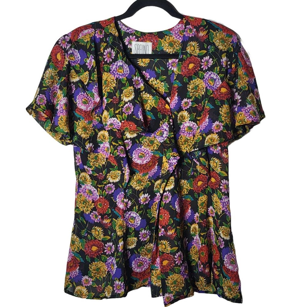 Vintage Sabino Floral Sheer Ruffle Button Up Blouse Size 10 Cottage Boho Spring - Picture 2 of 10